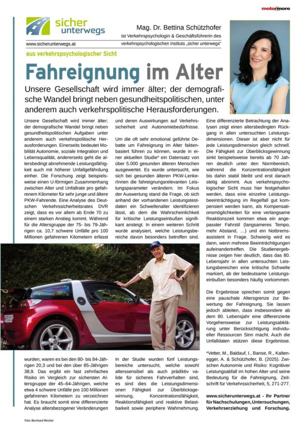 Neue Kolumne von Bettina Schützhofer in Motor & More: Fahreignung im Alter – eine differenzierte Betrachtung
